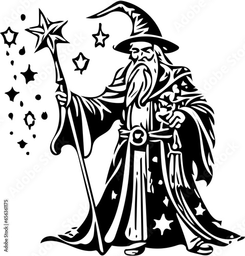 Halloween old wizard holding a magical stick  vector illustration in black 