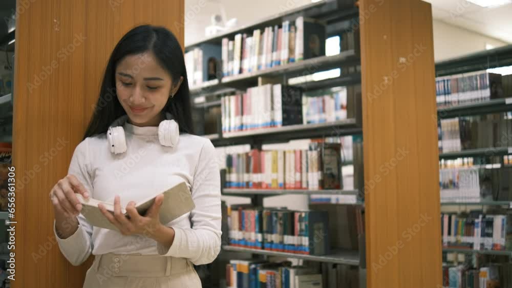 Asian woman college student reading book in library Asian woman college student reading book in library