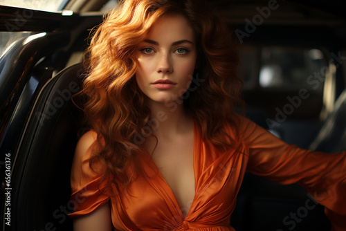 Scandinavian woman, Auburn hair, Wavy style, Tangerine Orange Evening Dress, in car, Mysterious, Dancing, Serious 