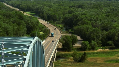 Truck Driving On Highway 25 Heading To Wabasha-Nelson Bridge Connecting Wabasha, Minnesota And Nelson, Wisconsin. aerial photo