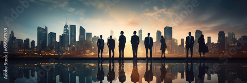 Business concept. Silhouette of business people against the background of the city panorama