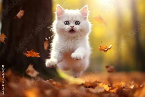 white cat jumping on autumn background