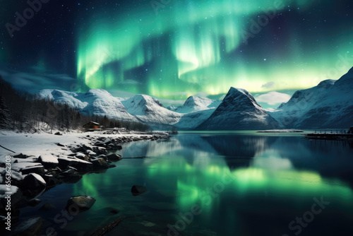 Colored northern lights in the sky over the snowy mountains