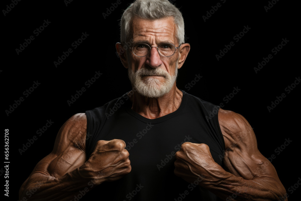 happy strong old grandfather show biceps on a dark background happy strong old grandfather show biceps on a dark background