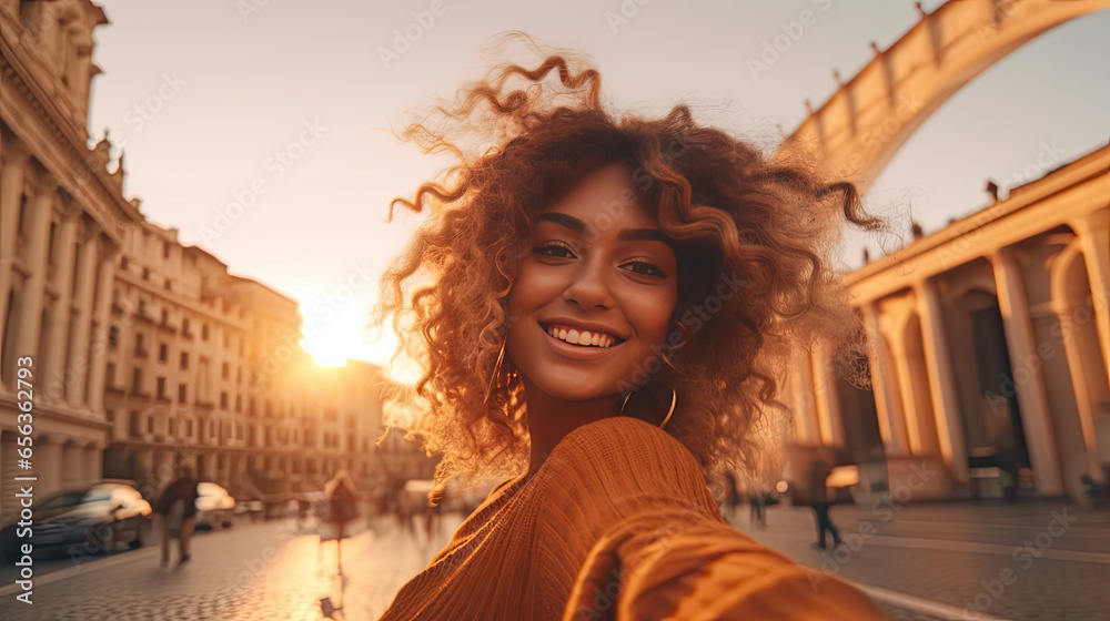 Happy tourist young woman taking selfie in front of Rome, Italy landmark. Travel and holidays concept. Generative Ai - obrazy, fototapety, plakaty 