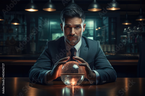 Businessman predicting fortune with crystal ball in office, startup concept, investment