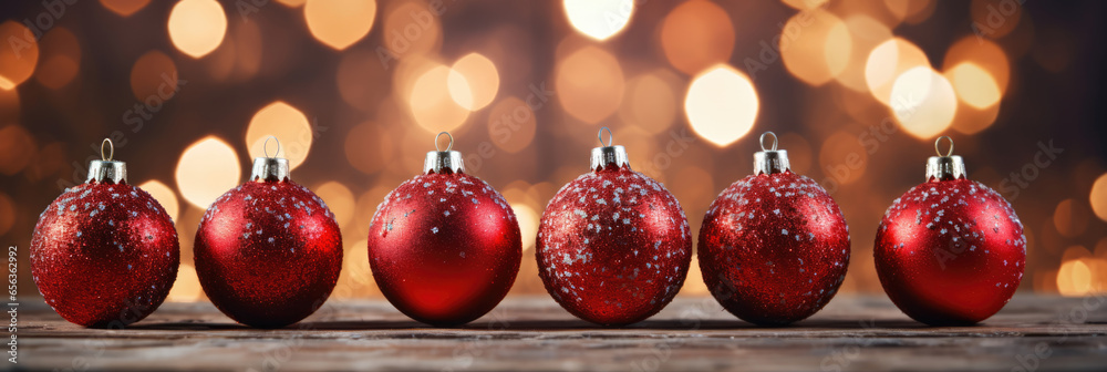 row of red shiny Christmas balls against a background of gentle bokeh row of red shiny Christmas balls against a background of gentle bokeh