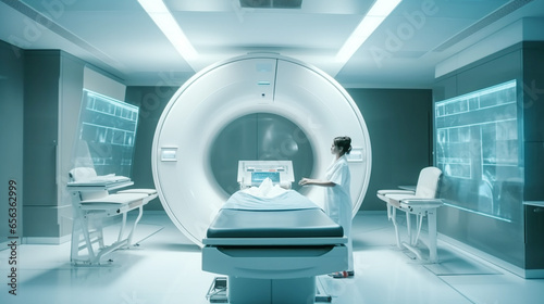 MRI  Analyse Patient , rendering MRI scan machine or magnetic resonance imaging scan device, analysing or examining the patient chart, Magnetic resonance imaging in Hospital