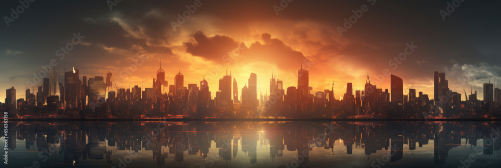 panorama of a modern city with reflection at sunset
