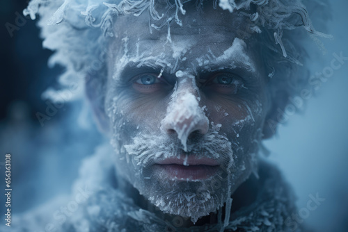 frozen face of a man covered with frost and icicles photo