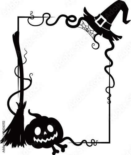 Halloween holiday scary black frame with silhouettes of cobweb, witch hat and broomstick, jack lantern face, vine and bones. Isolated vector decorative rectangular border or vignette with spooky decor