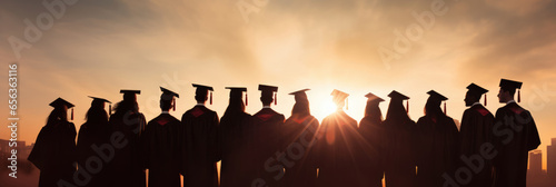 Silhouette of a group of the university graduates masters at sunset © Michael
