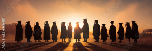 Silhouette of a group of the university graduates masters at sunset