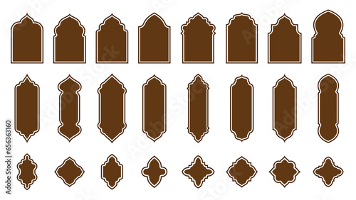 Islamic window and door shapes. Isolated vector set of arab mosque arches and gates. Elegant architecture elements, icons for Muslim Ramadan Kareem and Eid Mubarak holiday. Brown portal frames