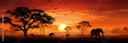 Large group of wild safari animals at sunset with reflection in the water panorama