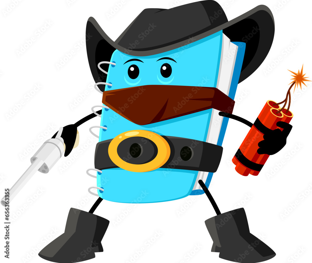 Cartoon notebook school supply cowboy, ranger, sheriff and robber