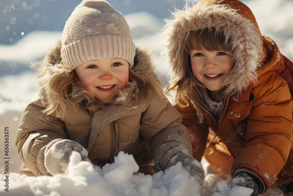 children playing in the snow on a sunny winter day