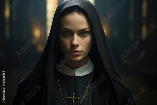 Young nun with Christian cross in a temple or monastery