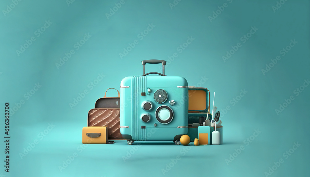Fototapeta premium Suitcase with travel accessories on blue background. 3d rendering. Generative Ai.