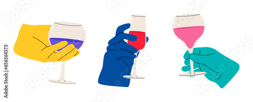 Set of hand holding glass of red wine.  Alcohol drink. Concept of wine lover. Colorful vector illustration