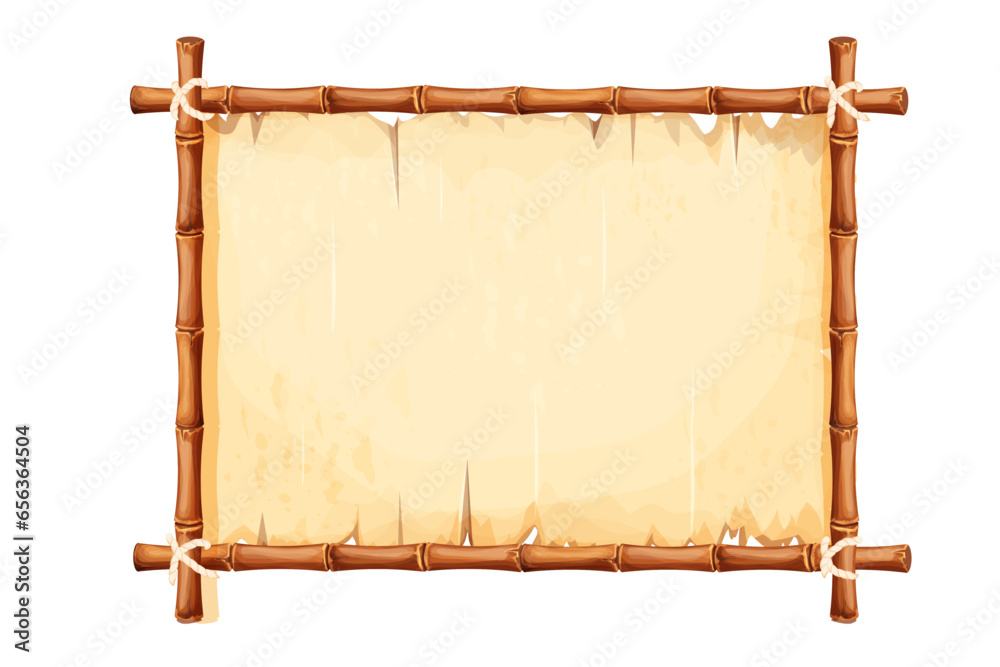 Bamboo frame with old parchment paper decorated with rope in cartoon style isolated on white background. Game ui board, sign - obrazy, fototapety, plakaty 