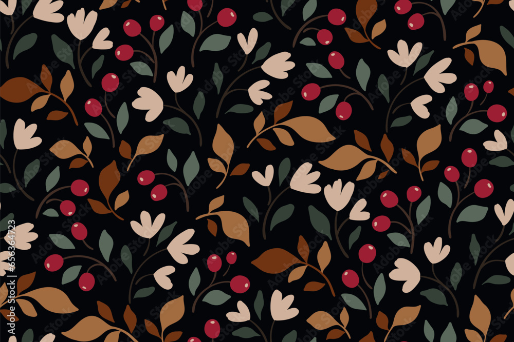 Seamless floral pattern, abstract ditsy print with simple wild plants. Cute botanical design in autumn colors: small hand drawn leaves, tiny berries, flowers on a dark background. Vector illustration.