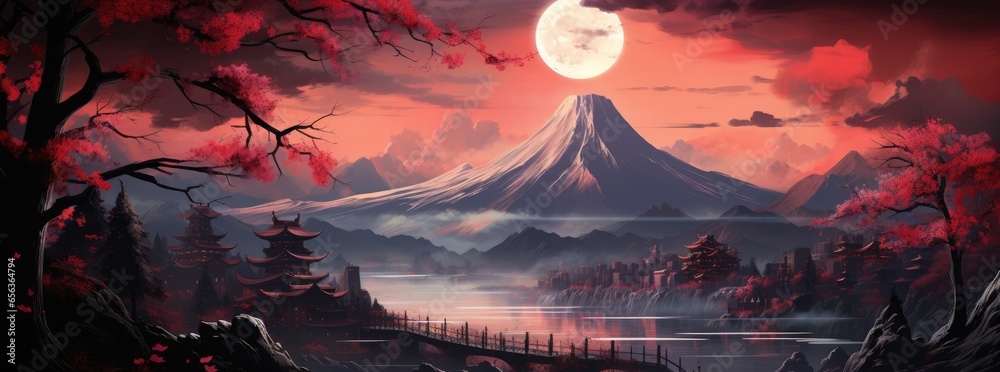 An Chinese landscape with bright red lights, in the style of gothic illustration - obrazy, fototapety, plakaty 