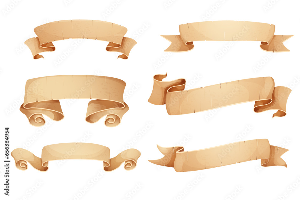 Set Parchment paper scroll ribbon, old vintage banner game ui element in cartoon style isolated on white background.