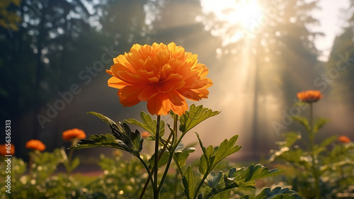 the marigold flower is lonely against the background of an autumn park in the fog of the morning landscape © kichigin19
