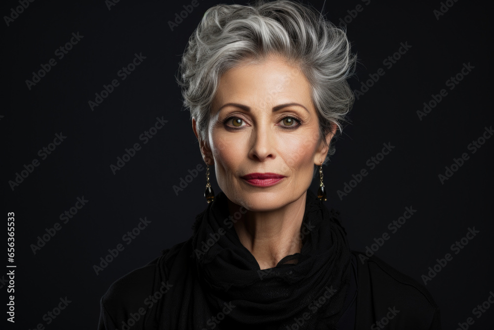 studio portrait of a fancy older lady on dark background looking confident at camera