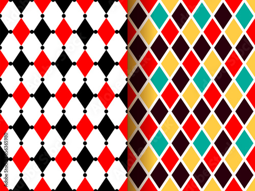 Circus harlequin clown carnival patterns, seamless vector background with geometric rhombus. Harlequin pattern of mosaic or vintage Italian tile ornament, masquerade or joker abstract pattern