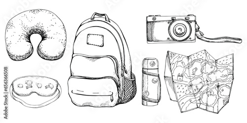 Ink hand drawn vector graphic outline sketch.Tourist accessories set backpack, old camera, navigation map, vacuum flask, sleeping mask and pillow. Tourism, travel, brochure, guide, print, card tattoo.