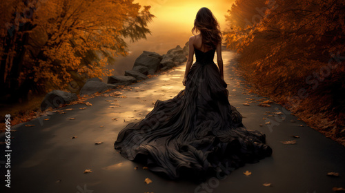 Beautiful woman in long flowing ball dress in autumn park. Long banner, black and gold color palettes. Made with Generative AI