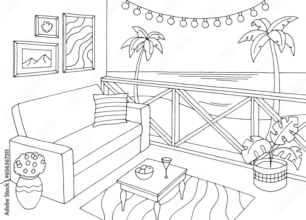 Balcony by the sea graphic black white interior sketch illustration vector