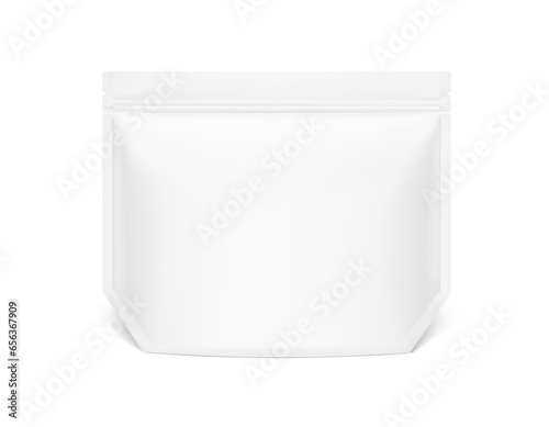 High realistic clean stand up pouch bag mockup. Vector illustration isolated on white background. Front view. Can be use for template your design, presentation, promo, ad. EPS10.