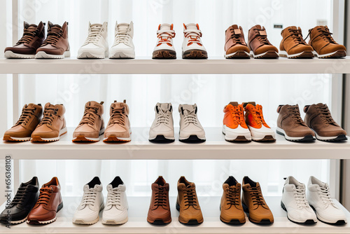 A modern and stylish shoe store featuring a fashionable collection of leather footwear including boots and sneakers.