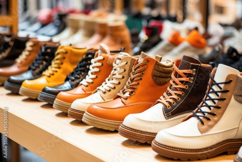 A bright and stylish shoe store in a modern shopping center  offering a diverse collection of fashionable shoes for sale.