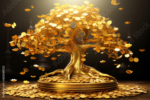 Golden tree, money tree with gold coins in a ray of light
