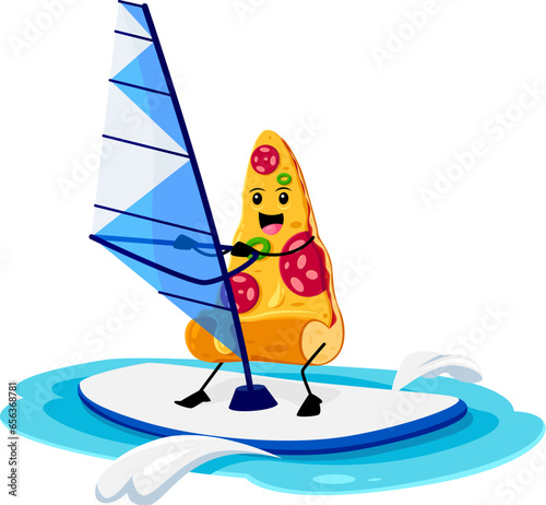 Cartoon fast food pizza character on windsurf. Street restaurant dish cute character, takeaway cafe or pizzeria meal or fast food menu pizza piece funny vector personage with windsurfing on vacation