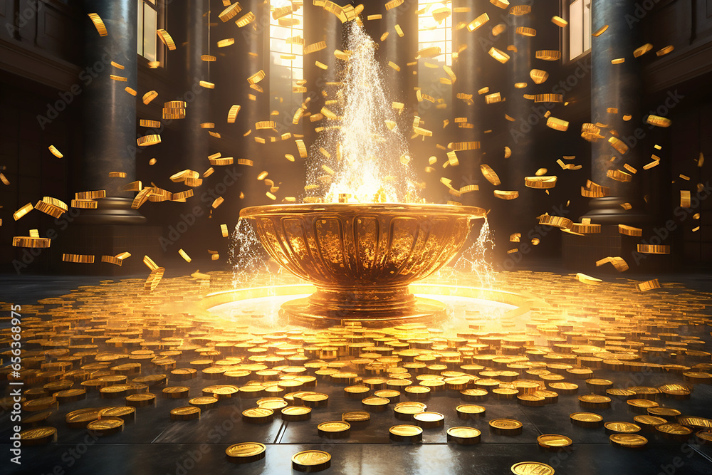 Golden fountain with golden coins in a ray of light - obrazy, fototapety, plakaty 