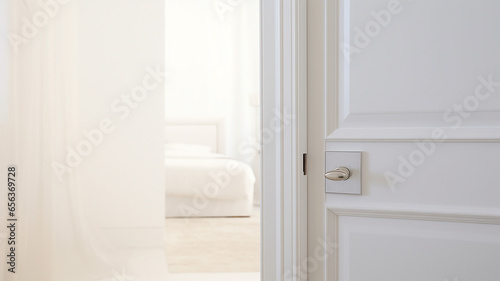 the slightly open white door to the hotel room © kichigin19