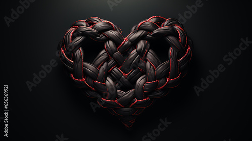 interlacing heart shape braided black leather belt on a black background unusual valentine, psychology addiction