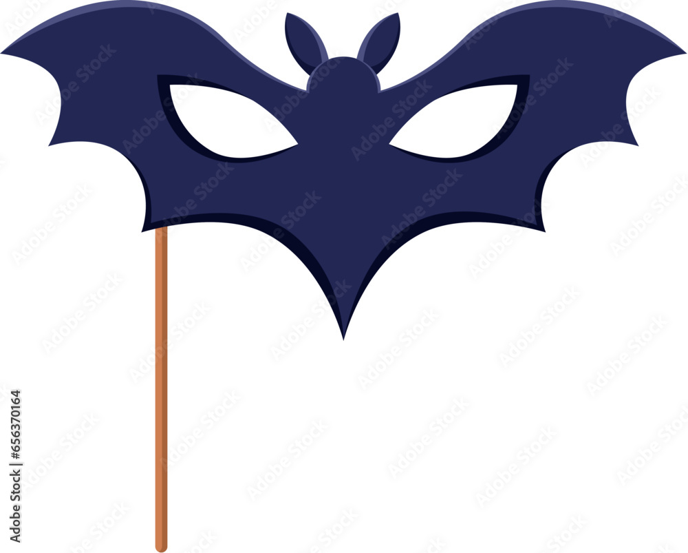 Cartoon Halloween bat photo booth mask with props. Isolated vector black winged animal accessory with holes for eyes, adding a touch of spooky fun to photobooth fun, carnival look and photo memories