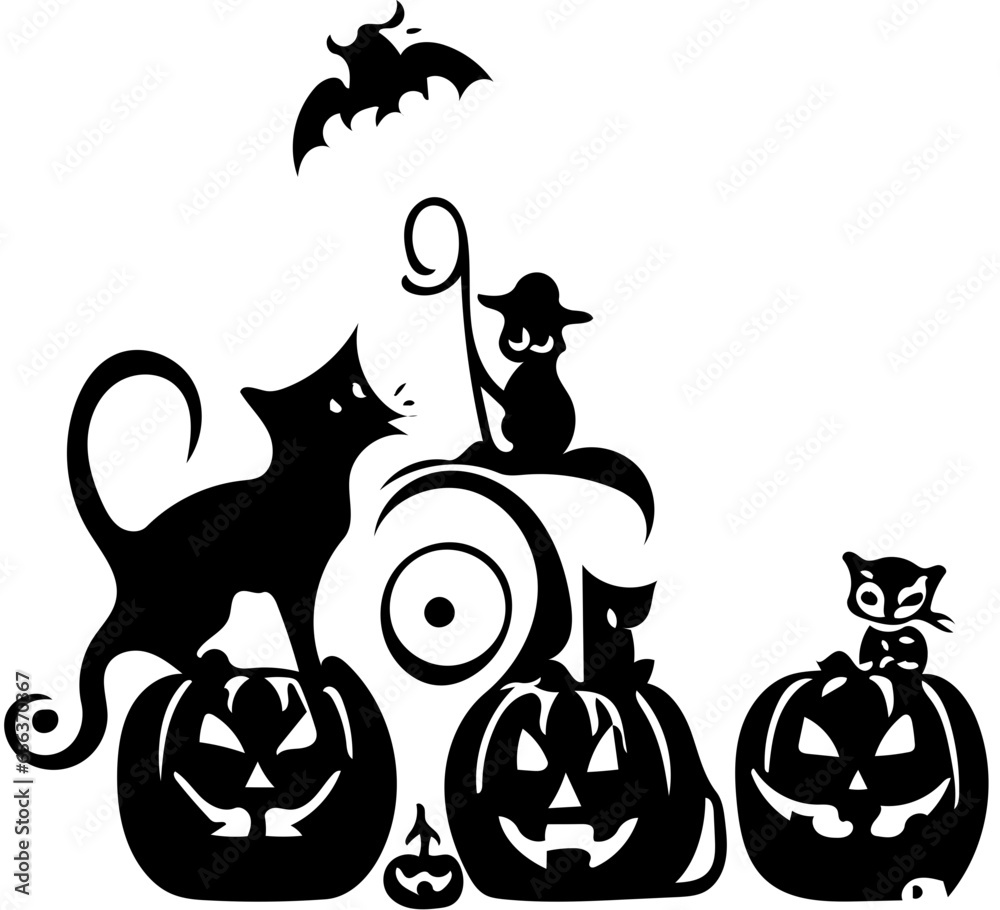 Spooky Halloween illustrations in black, vector representation of Halloween festival