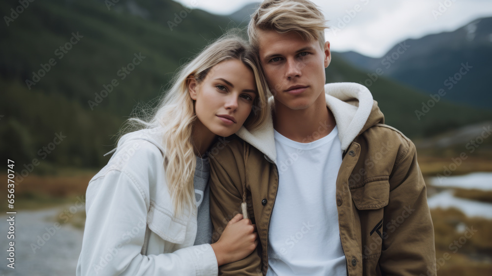 Beautiful young couple enjoying nature at mountain peak. Beautiful young couple enjoying nature at mountain peak.