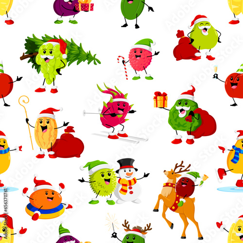 Cartoon christmas ripe raw fruit characters seamless pattern. Vector tile background with grape, melon, kaffir and lychee. Jack or dragon fruits, durian, pear, orange and mango celebrate Xmas holidays