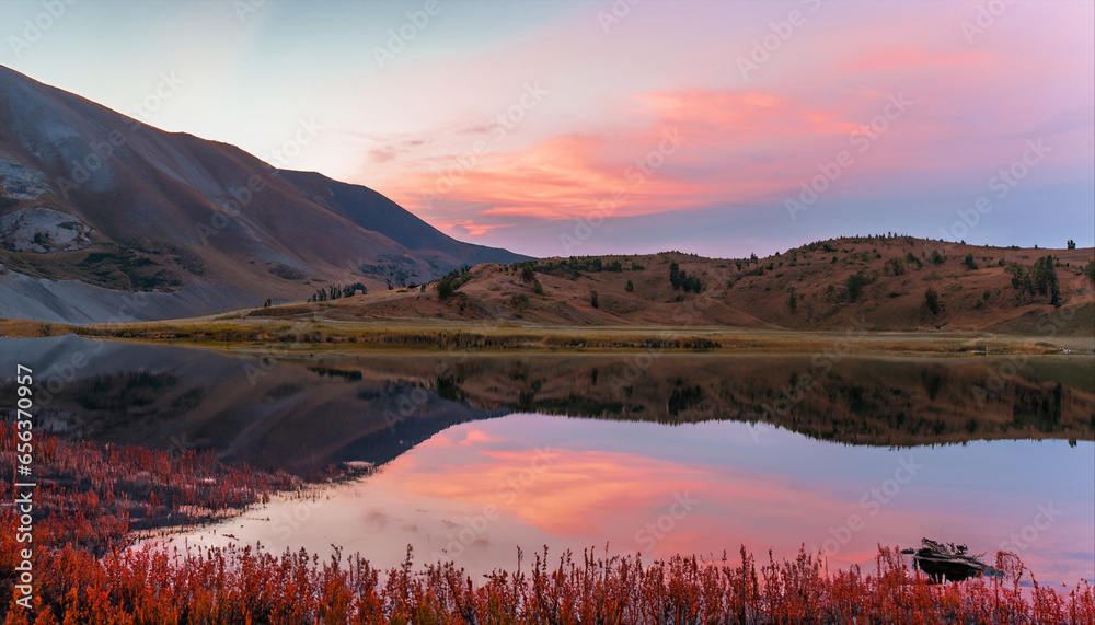 Pink Sky And Mirror Like Lake On Sunset With Red Color Growth On Foreground, Altai Mountains Highland Nature Autumn Landscape Photo