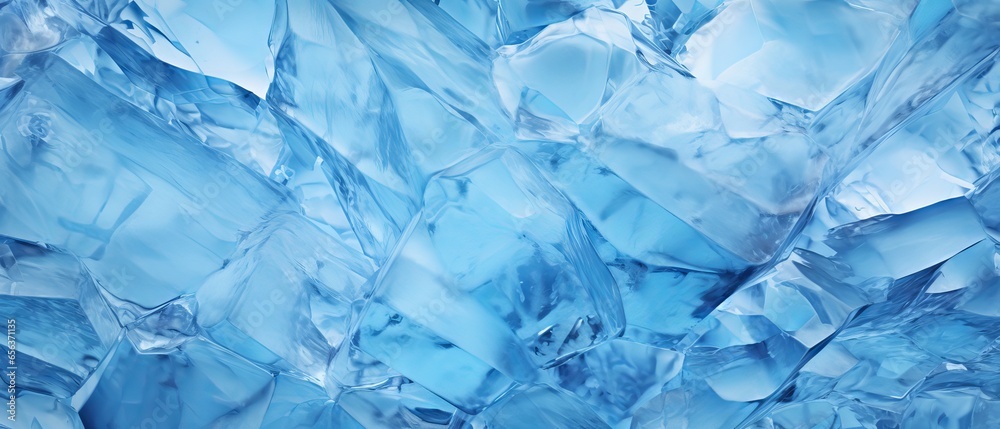 Cracked Ice Texture of Lake Baikal in Winter, Abstract Blue Background with Transparent Ice