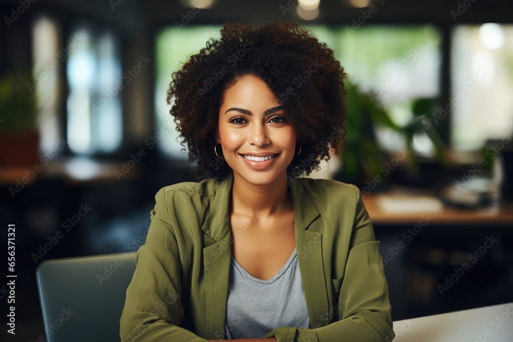 Portrait of smiling African businesswoman using laptop computer in office or remote work in cafe Portrait of smiling African businesswoman using laptop computer in office or remote work in cafe