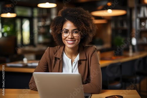 Portrait of smiling African businesswoman using laptop computer in office or remote work in cafe